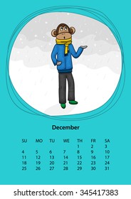 Vector calendar for print - winter month December. With cartoon monkey.