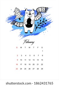 Vector calendar scandinavian style. February 2021.