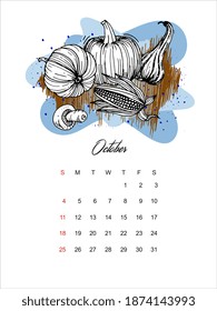 Vector calendar scandinavian style. October 2021. Autumn pumpkins.