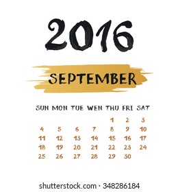 Vector calendar for September 2016. Hand drawn numbers and letters for calendar design.