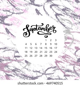 Vector Calendar September 2016 with hand drawn ink lettering on light ink drops background