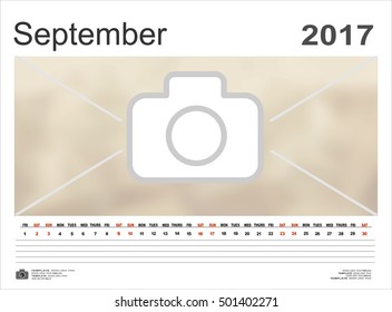 Vector calendar September 2017. Design Template with Place for Photos and Notes.