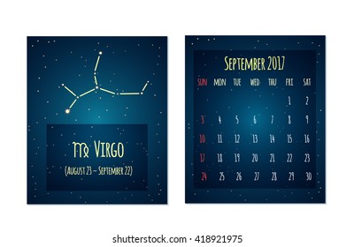 Vector calendar for September 2017 in the space style. Calendar with the image of the Virgo constellation in the night starry sky. Elements for creative design ideas of your calendar