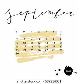 Vector calendar for September 2018. Hand drawn letters for calendar design