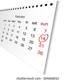 Vector calendar sheet for Valentine's Day 2016 with heart.