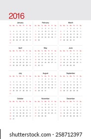 Vector calendar / Simple 2016 Calendar / CMYK Color Mode / starts with Sunday