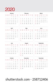 Vector calendar / Simple 2020 Calendar / CMYK Color Mode / starts with Sunday