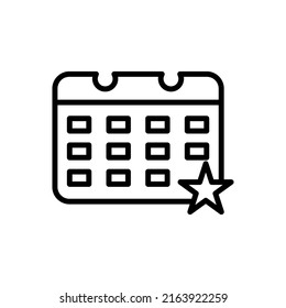 Calendario vectorial e icono de estrella. Importante concepto de evento. Diseño gráfico de calidad superior. Signos modernos, colección de símbolos, simples iconos de línea delgada para sitios web, diseño web, aplicación móvil, infografías