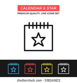 Vector calendar and star icon. Important event concept. Premium quality graphic design. Modern signs, symbols collection, simple thin line icons set for websites, web design, mobile app, infographics