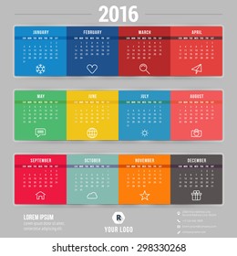 Vector Calendar Template. Calendar 2016. Week Starts Sunday