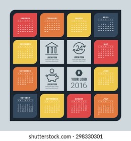 Vector Calendar Template. Calendar 2016. Week Starts Sunday