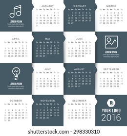 Vector Calendar Template. Calendar 2016. Week Starts Sunday