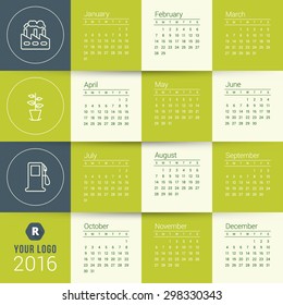 Vector Calendar Template. Calendar 2016. Week Starts Sunday