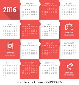 Vector Calendar Template. Calendar 2016. Week Starts Sunday