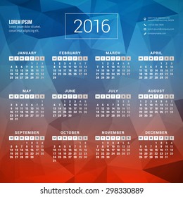 Vector Calendar Template. Calendar 2016. Week Starts Monday