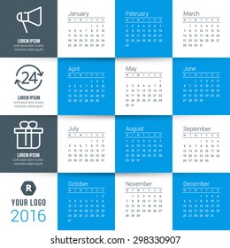 Vector Calendar Template. Calendar 2016. Week Starts Monday