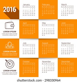 Vector Calendar Template. Calendar 2016. Week Starts Monday