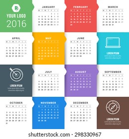 Vector Calendar Template. Calendar 2016. Week Starts Monday