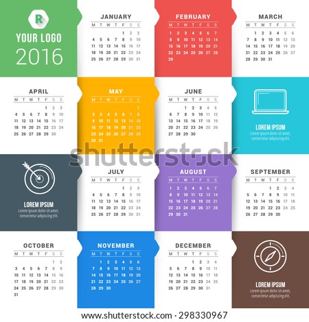 Vector Calendar Template. Calendar 2016. Week Starts Monday