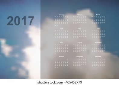 Vector calendar template. 2017 year. Blurred nature background. Week starts on Monday