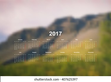 Vector calendar template. 2017 year. Blurred nature background. Week starts on Monday