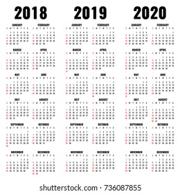 Vector calendar template 2018, 2019 and 2020 years. Calendar of year and monthly illustration illustration