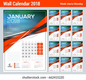 Vector calendar template for 2018 year. Vector design print template with abstract triangle elements and place for photo. Week starts on Monday