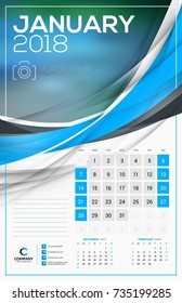 Vector calendar template for 2018 year. January. Vector design print template with abstract wave elements and place for photo. Week starts on Sunday