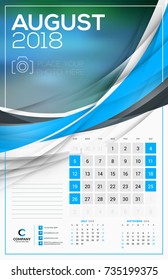 Vector calendar template for 2018 year. August. Vector design print template with abstract wave elements and place for photo. Week starts on Sunday