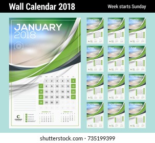 Vector calendar template for 2018 year. Set of 12 months. Vector design print template with abstract wave elements and place for photo. Week starts on Sunday