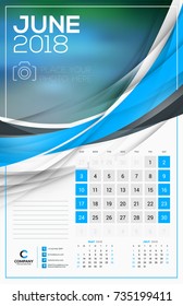 Vector calendar template for 2018 year. June. Vector design print template with abstract wave elements and place for photo. Week starts on Sunday