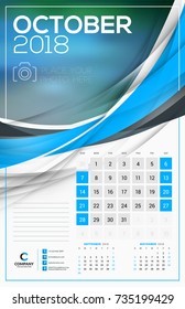 Vector calendar template for 2018 year. October. Vector design print template with abstract wave elements and place for photo. Week starts on Sunday