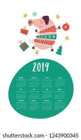 Vector calendar template 2019. Cute pig in a knitted sweater, Christmas decorations and gifts. The pig is the symbol of 2019.
