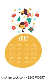 Vector calendar template 2019. Cute funny Dachshund dog wearing a knitted sweater. Christmas decorations and gifts. New years illustration.