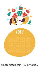 Vector calendar template 2019. Cute funny Dachshund dog wearing a knitted sweater. Christmas decorations and gifts. New years illustration.