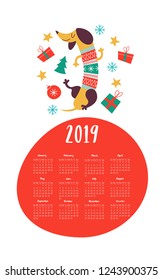 Vector calendar template 2019. Cute funny Dachshund dog wearing a knitted sweater. Christmas decorations and gifts. New years illustration.