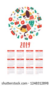 Vector calendar template 2019. Cute funny Dachshund dog wearing a knitted sweater. Christmas decorations and gifts. New years illustration.