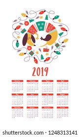 Vector calendar template 2019. Cute funny Dachshund dog wearing a knitted sweater. Christmas decorations and gifts. New years illustration.