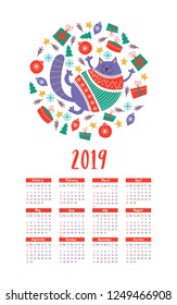 Vector calendar template 2019. Cute fat cat in a knitted sweater. Christmas toys and gifts.