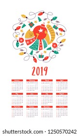 Vector calendar template 2019. Cute fat cat in a knitted sweater. Christmas toys and gifts.