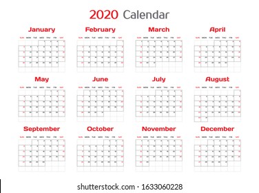 Vector calendar template for 2020. Simple grid for your home, business, planner diary. Corporate and business calendar. Calendar 2020 in minimal style. event planner, the week starts on Sunday