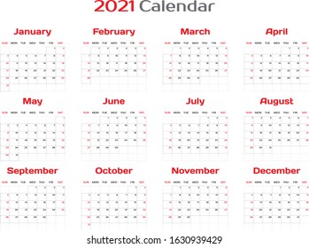 Vector calendar template for 2021. Simple grid for your home, business, planner diary. Corporate and business calendar. Calendar 2021 in minimal style. event planner, the week starts on Sunday