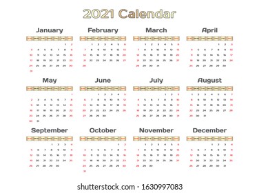 Vector calendar template for 2021. Simple grid for your home, business, planner diary. Corporate and business calendar. Calendar 2021 in minimal style. event planner, the week starts on Sunday