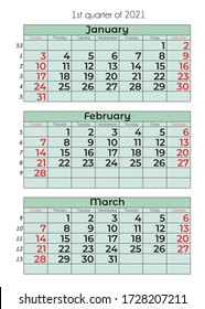 Vector calendar template for 2021. Simple grid for your home, business, planner diary. Corporate and business calendar. Calendar 2021 in minimal style. event planner, the week starts on Sunday