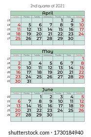 Vector calendar template for 2021. Simple grid for your home, business, planner diary. Corporate and business calendar. Calendar 2021 in minimal style. event planner, the week starts on Sunday