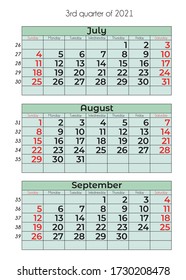 Vector calendar template for 2021. Simple grid for your home, business, planner diary. Corporate and business calendar. Calendar 2021 in minimal style. event planner, the week starts on Sunday