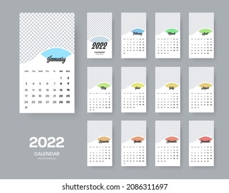 Plantilla de calendario vectorial 2022, portada con lugar para la foto, inserción de color con meses. Recorrido de pared con semanas, días, para planear. Orientación vertical sobre fondo blanco, establecida para la organización corporativa