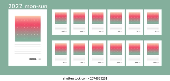 Vector calendar template 2022 new year. Minimalistic design, table style, trendy stretching color transition background. Wall calendar, holiday event planner, desktop calendar. Week Starts Monday.