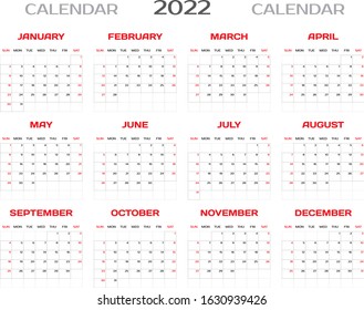 Vector Calendar Template 2022 Simple Grid Stock Vector (Royalty Free) 1630939426
