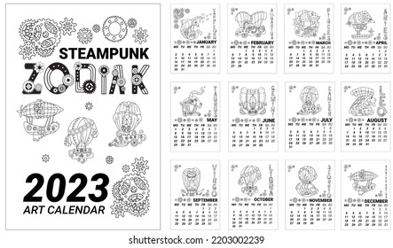 Vektorkalender-Vorlage für 2023 mit Luftschiffen in Form von Tierkreiszeichen.  Kalender für 2023 mit Tierkreiszeichen im Steampunkstil und süßer Abdeckung.  Schwarz-Weiß-Illustration auf linearem Hintergrund